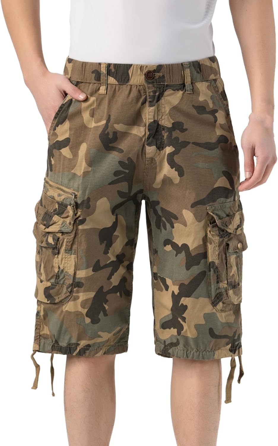 Mens Cargo Shorts Elastic Waist Multi Pocket Hiking Outdoor Camo Stretch Cotton - Image 2