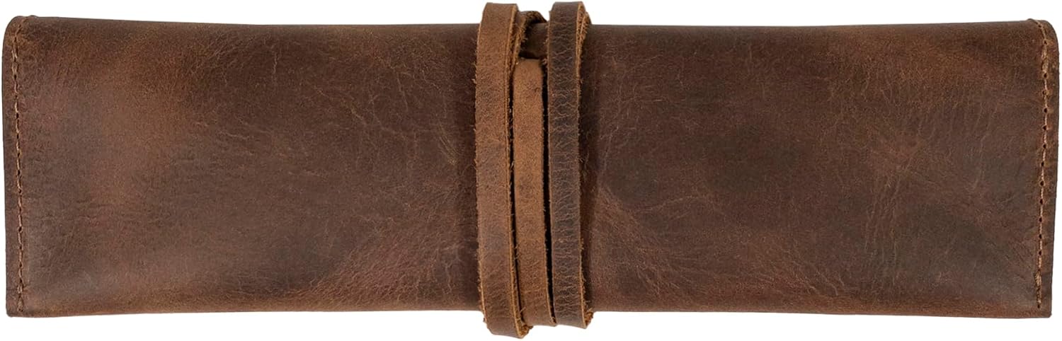 Heather's Rectangular Makeup Brush Organizer, Bourbon Brown Leather, Handmade, Drawstring Closure