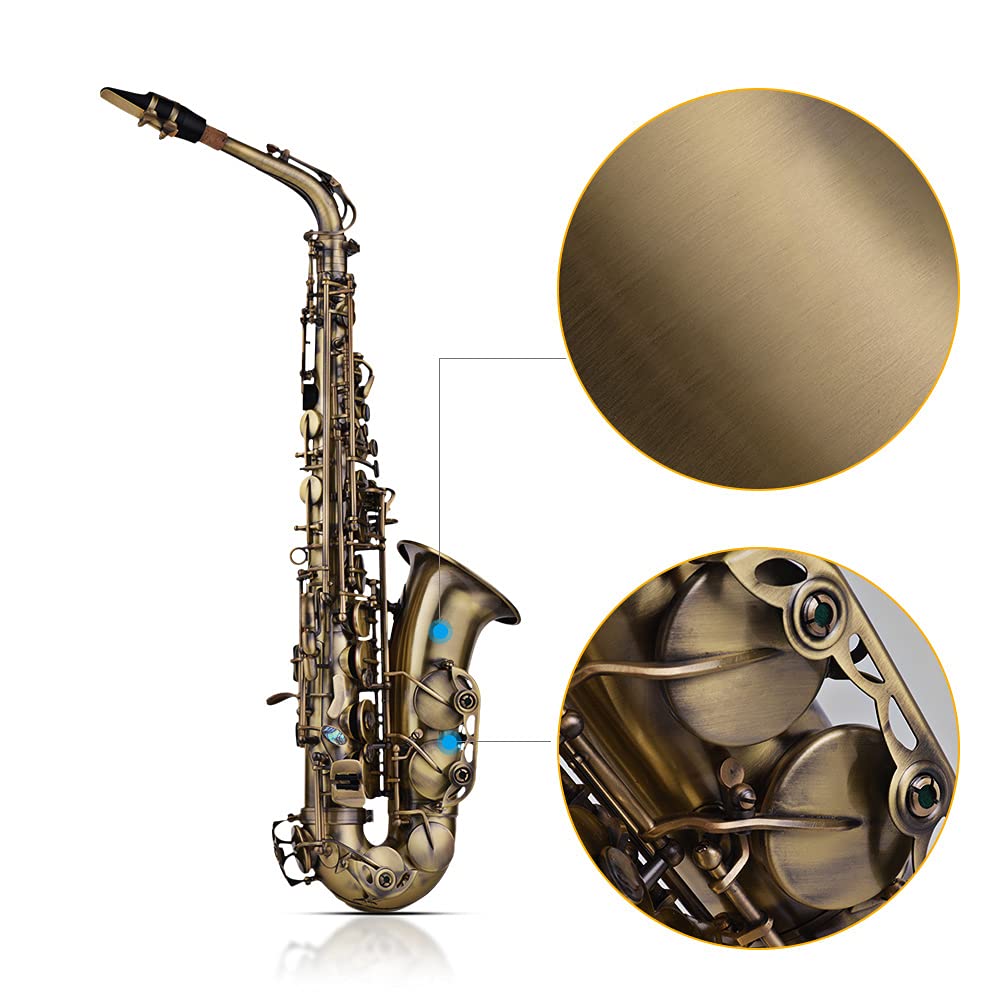HUIOP Finitura Anticata di Alta qualità MIB MIB Sassofono Contralto Sax Shell Chiave intagliata Modello Strumento a fiato con Custodia Imbottita Guanti Panno per Pulizia Spazzole Cinghie per Sax Ance