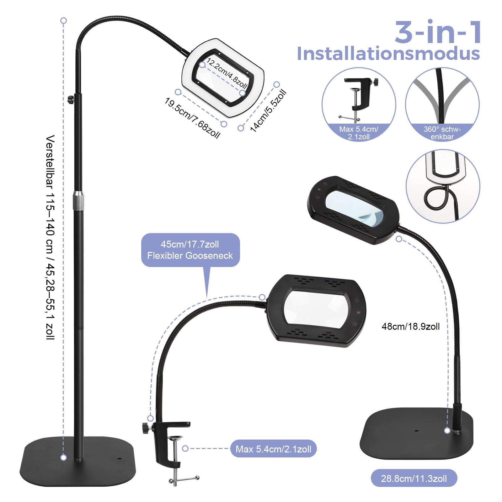 Lupe mit Licht & Ständer 10X Lupenleuchte Dimmbar 3-in-1 Schreibtischlampe