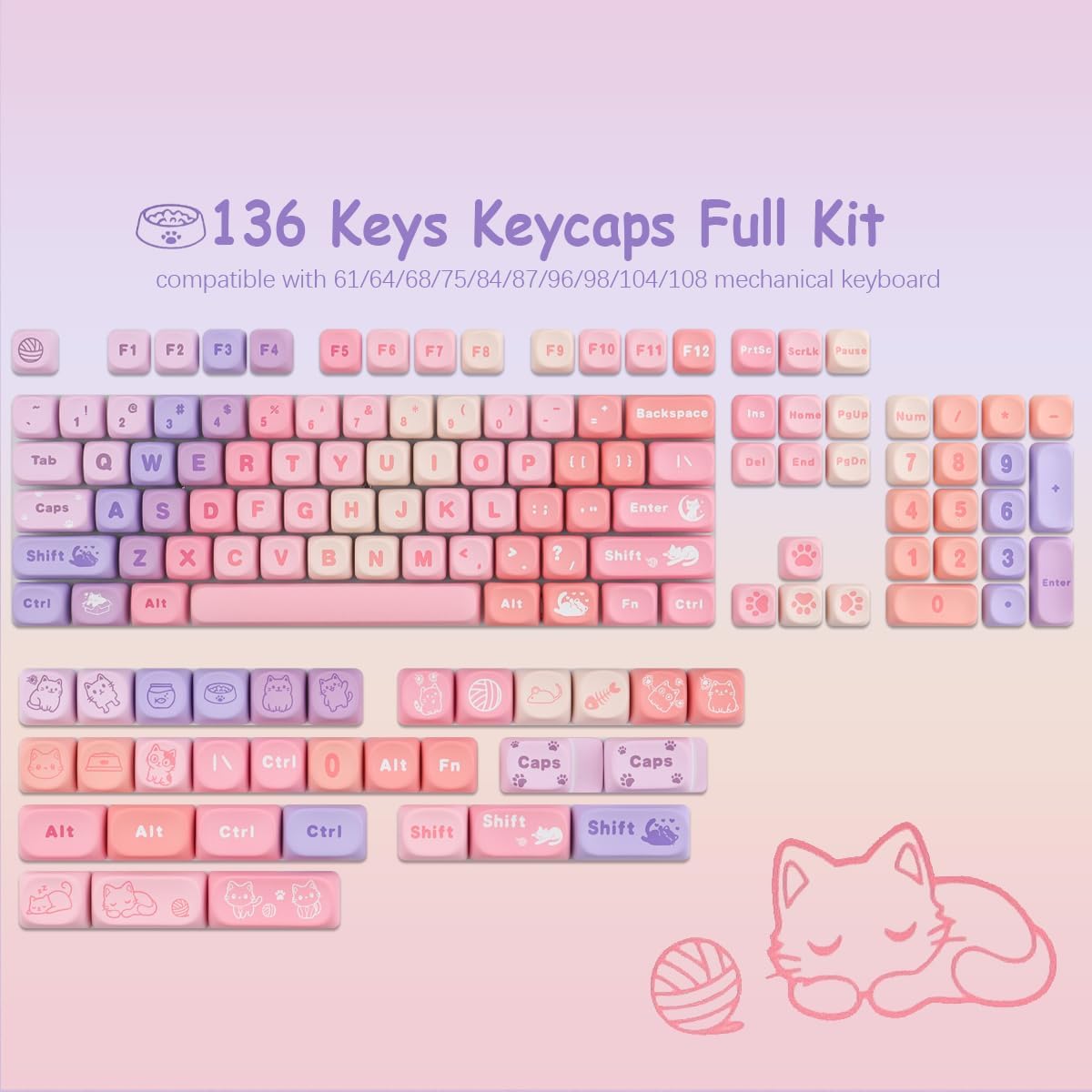 PBT Keycaps 136 Keys MOA Keycaps, Gradient Cat Keycap Dye-Sublimation Cute Custom Keycap Set for Cherry Gateron MX Swithes Mechanical Gaming Keyboards