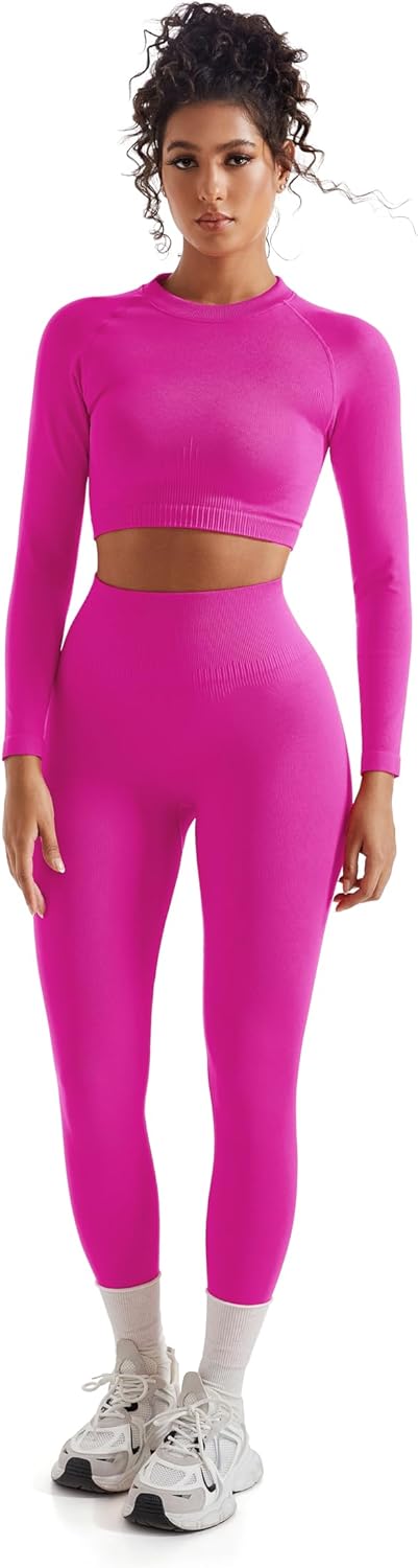 SUUKSESS Women 2 Piece Workout Sets Hidden Scrunch Hip Lifting Seamless Leggings Long Sleeve Yoga Crop Tops - Image 5