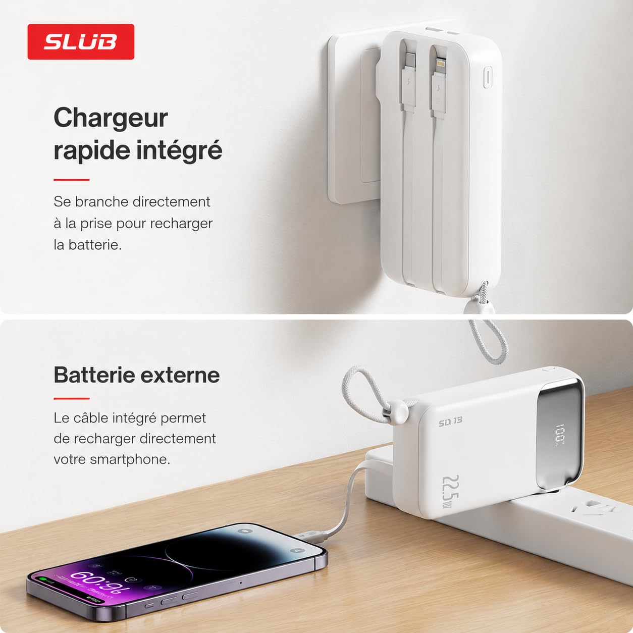 SLUB Batterie Externe 10000mAh 22,5W, Chargeur Portable Compact
