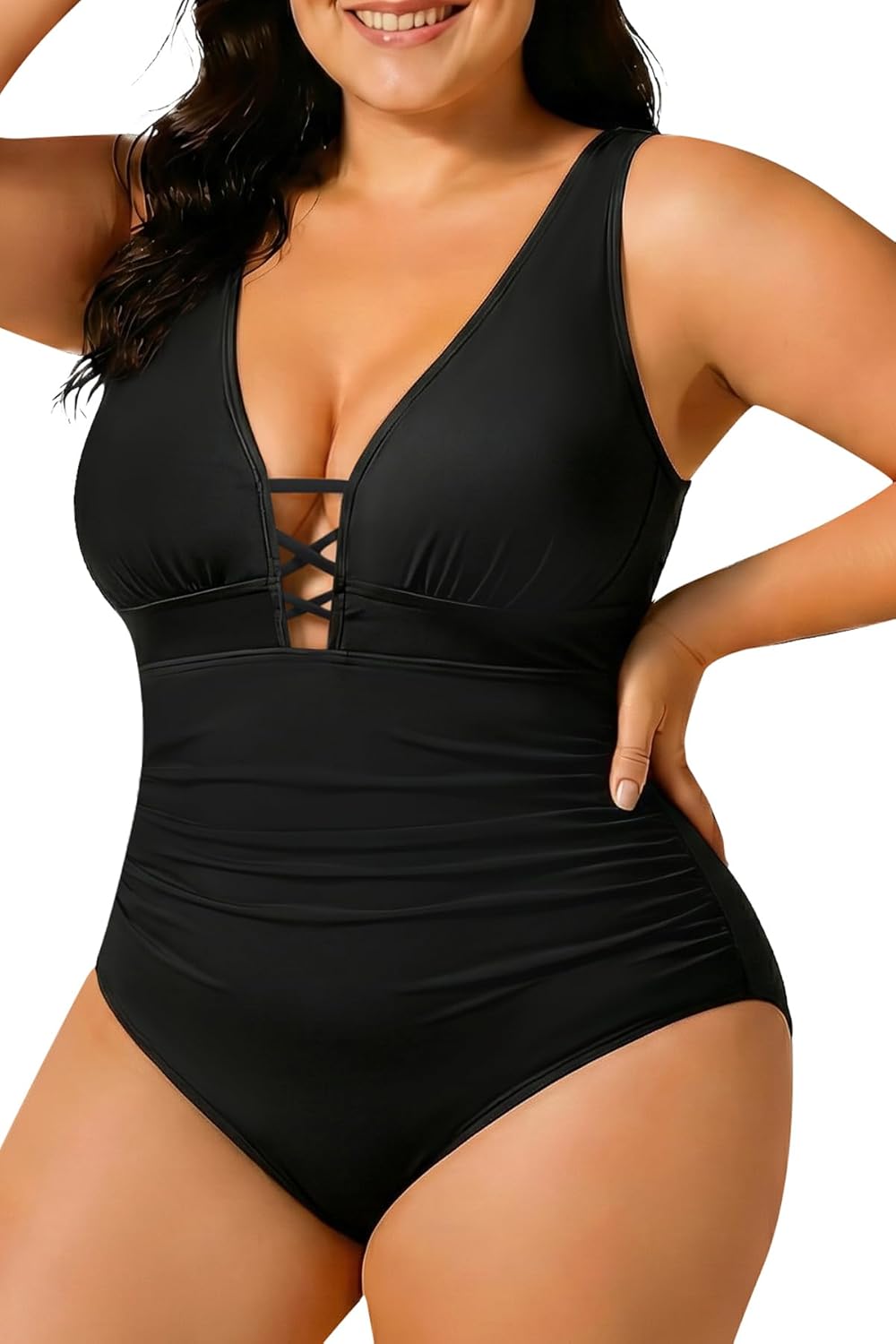 Yonique Women Plus Size One Piece Swimsuit Tummy Control Bathing Suits Lace up Plunge Swimwear