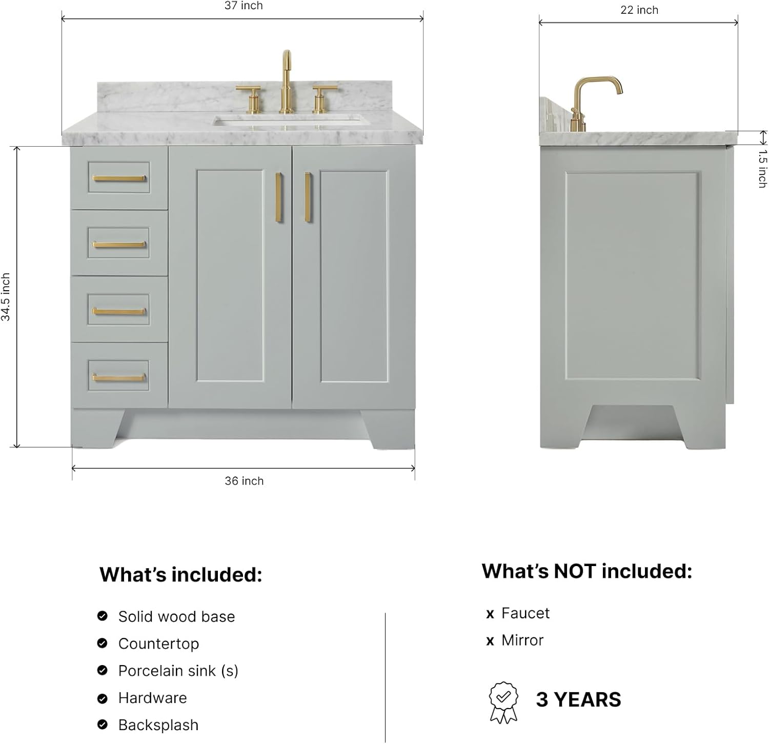 ARIEL 37" Grey Bathroom Vanity, 1.5" Edge Italian Carrara Marble Countertop & Splash, Rectangular Sink, 2 Soft Closing Doors, 5 Full Extension Dovetail Drawers, Toe Kick, Brushed Nickel