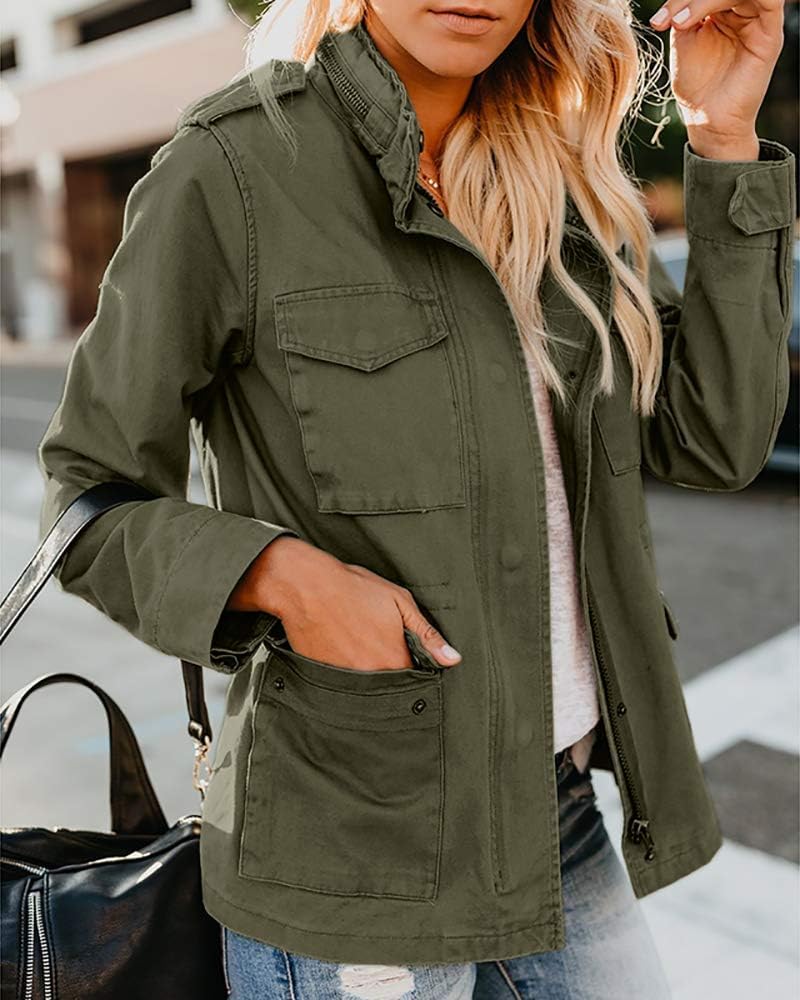 DMOYALA Women's Military Style Jacket Lightweight Work Utility Anorak Snap Buttons Zip Up 90s Vintage Windbreaker Casual Cropped Cargo Shacket Coat Fall Fashion Outwear Army Green