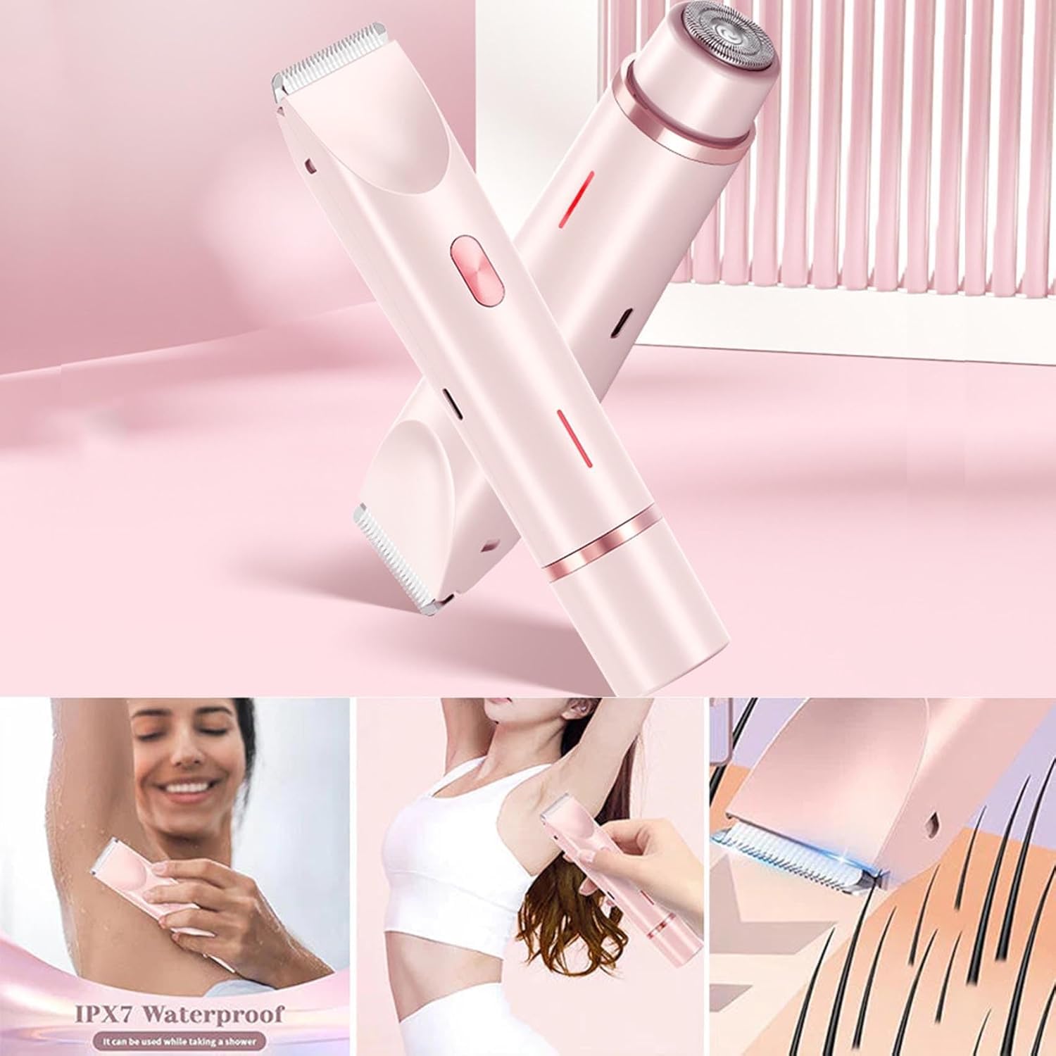 Rasoio a doppia testa da donna, 2 in 1, IPX7, impermeabile, ricaricabile, rasoio elettrico per donne, per pubico, bikini, ascelle, gambe, braccia, corpo viso