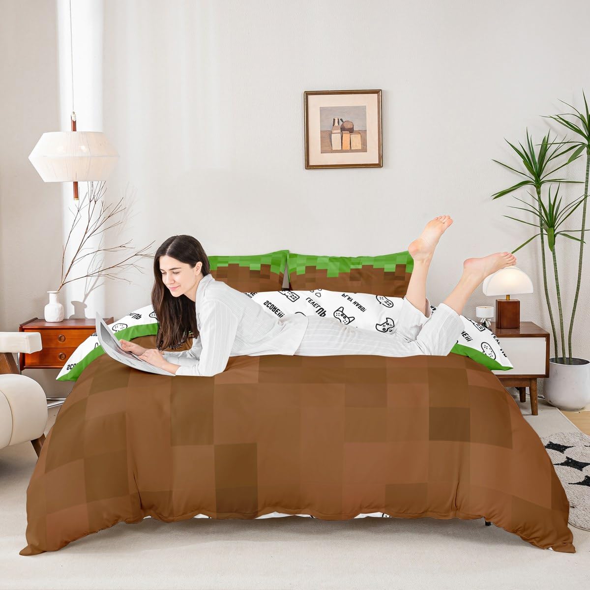 Homemissing Pixel Game Duvet Cover Single Size Green Brown Camo Bedding Set for Kids Cartoon Decor Comforter Cover Soft Lightweight Microfiber Bedroom Decor(No Stuffing) - Image 3