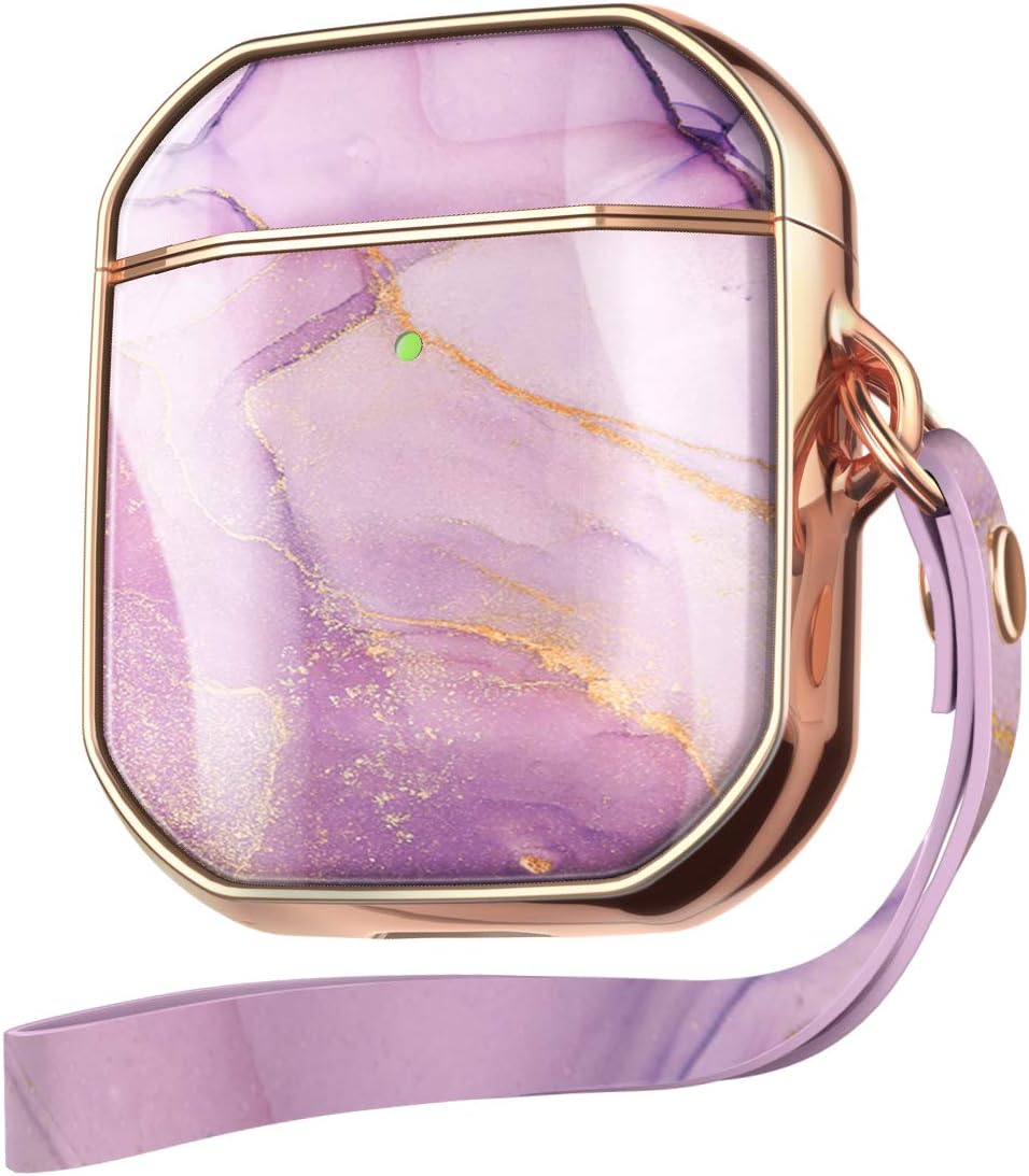 GVIEWIN Aurora Series AirPods Case Cover with Wrist Lanyard, Full-Body Protective Stylish Marble Design Smooth EarPods Case for AirPods 2nd & 1st Charging Case [Front LED Visible] (Romantic Purple)