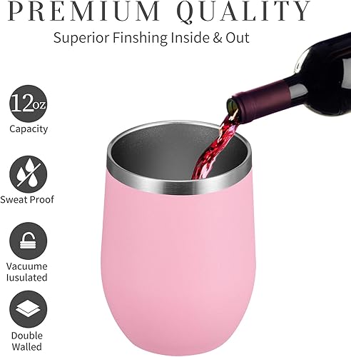 Miniatura 2 de Meway - Vaso de vino con tapa de 12 onzas, sin tallo, doble pared, al vacío, de acero inoxidable, para viajes, mantiene el frío y el calor, para