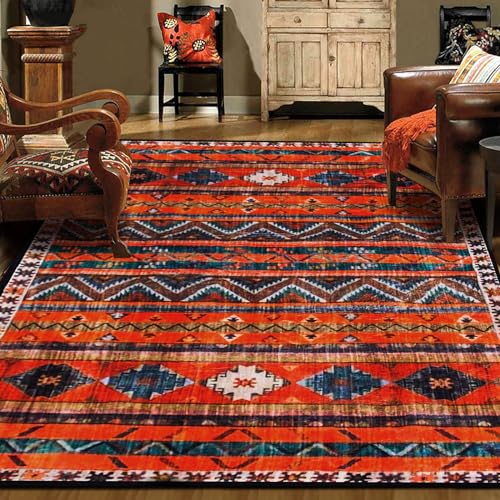 WAHIKASKI Alfombra lavable salón 120x180 cm antideslizante parte inferior rayas geométricas amarillo anaranjado profundo clásico vintage