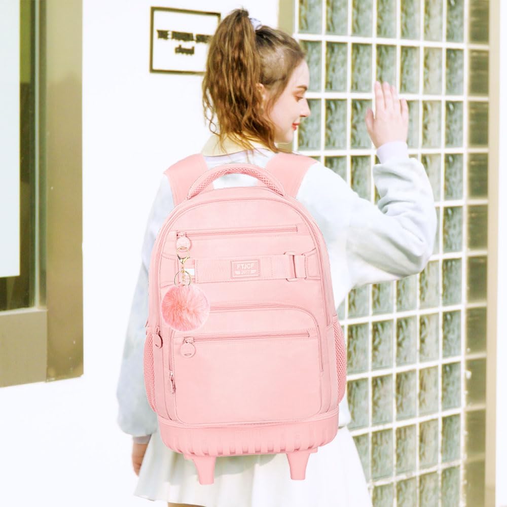 HPJGD 3PCS Girls Rolling Backpack, Womens Pink School Backpacks with Wheels, Water Resistant Roller Kids Wheeled Bookbag Set