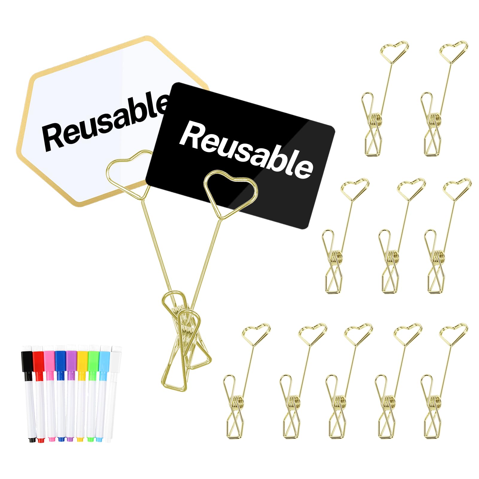 12Pcs Metal Double Sided Reuse Price Tag Holder Clips with 9 Color Chalk Markers and 24Pcs Erasable Tags for Cake Rack Price/Menu/Table Number/Bouquet Card/Picture/Sale Retail Display (Gold)