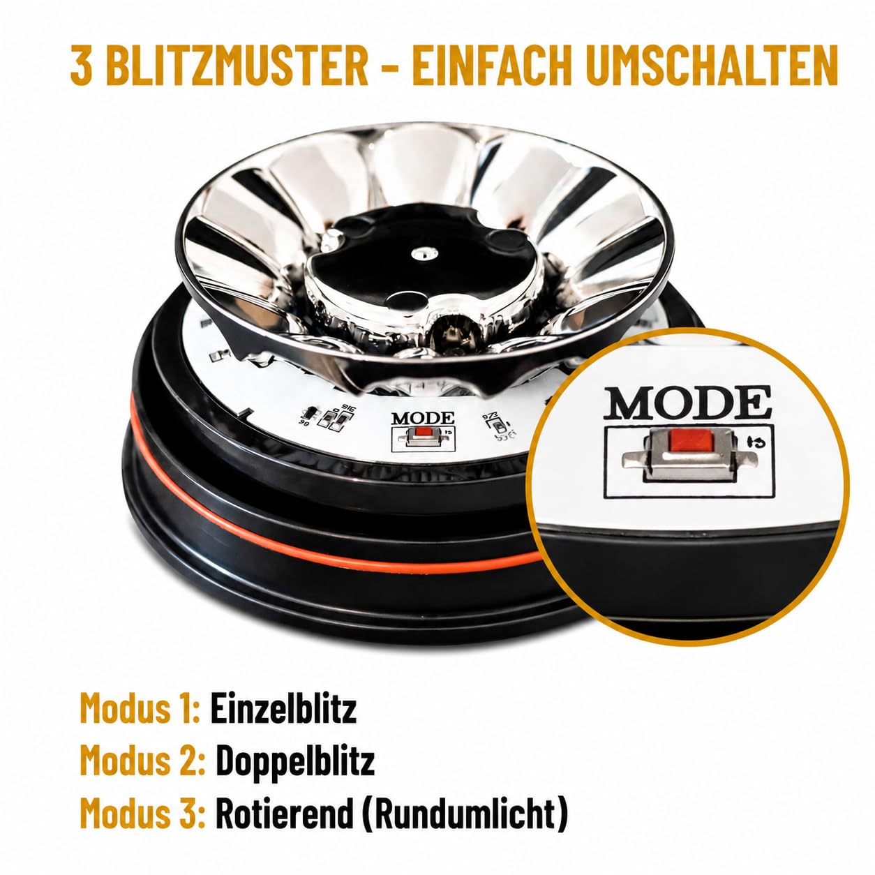 Rundumleuchte Magnet 12V 24V – LED Warnleuchte Orange mit Magnetfuß und Zigarettenanzünder-Stecker – 3 Blitzmuster, ECE R65 R10 StVZO Zulassung, IP67, für Traktor LKW Pannenhilfe