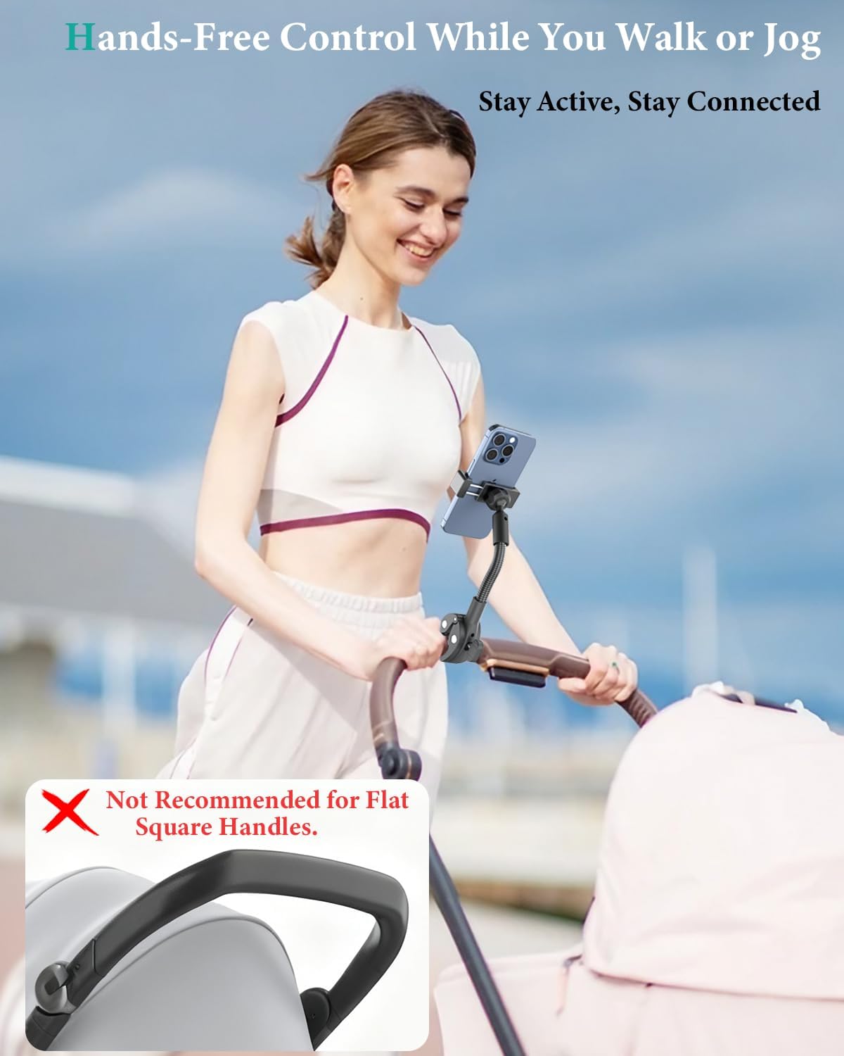 Stroller Phone Holder, Gooseneck Cell Phone Mount for Baby Stroller, Shopping Cart, Bicycle, Pilates Reformer, Handlebar Clamp Mount for iPhone 16 Pro Max/14/13/12, Galaxy S24, 4–7" Smartphone