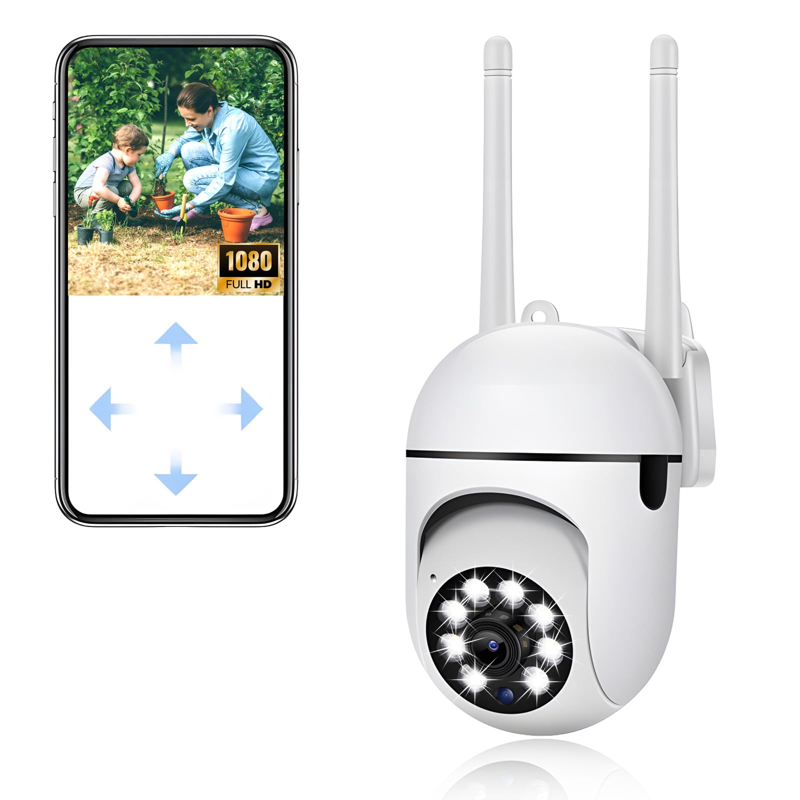 Camara Vigilancia WiFi, Camara WiFi Exterior 1080P, 360° PTZ Cámara,Visión Nocturna en Color, Detección de Movimiento, Audio Bidireccional, Cámara de Vigilancia Exterior para Bebé/Mascota