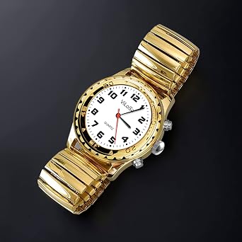 Ladies Talking Watch,Speaks The Time, Date or Alarm time for Elderly, Impaired Sight or Blind. Arabic Numbers-with Golden Stainless Expansion Band
