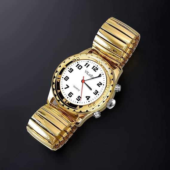 Ladies Talking Watch,Speaks The Time, Date or Alarm time for Elderly, Impaired Sight or Blind. Arabic Numbers-with Golden Stainless Expansion Band