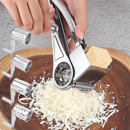 SUQ 4 in 1 Käsereibe Edelstahl, Kompakte Käsereibe mit Kurbel für die Küche, Profi Küchenreibe Reibe Edelstahl für Gemüse, Kartoffeln, Multireibe Manuell Cheese Grater, mit 4 Edelstahlklinge