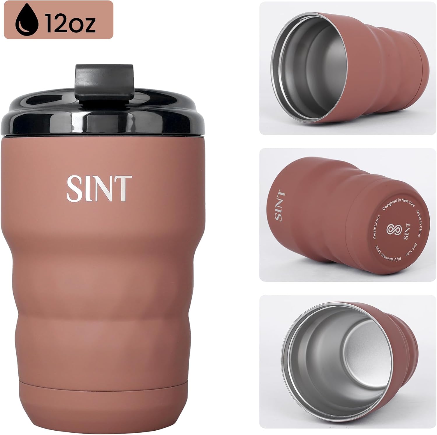 SINT Insulated Coffee Mug 12 oz, Insulated Coffee Cups with Flip Lid, Stainless Steel Coffee Mugs Spill Proof, Double Wall Vacuum Tumblers, Reusable To Go Mug for Hot/Ice Coffee Tea - Brown