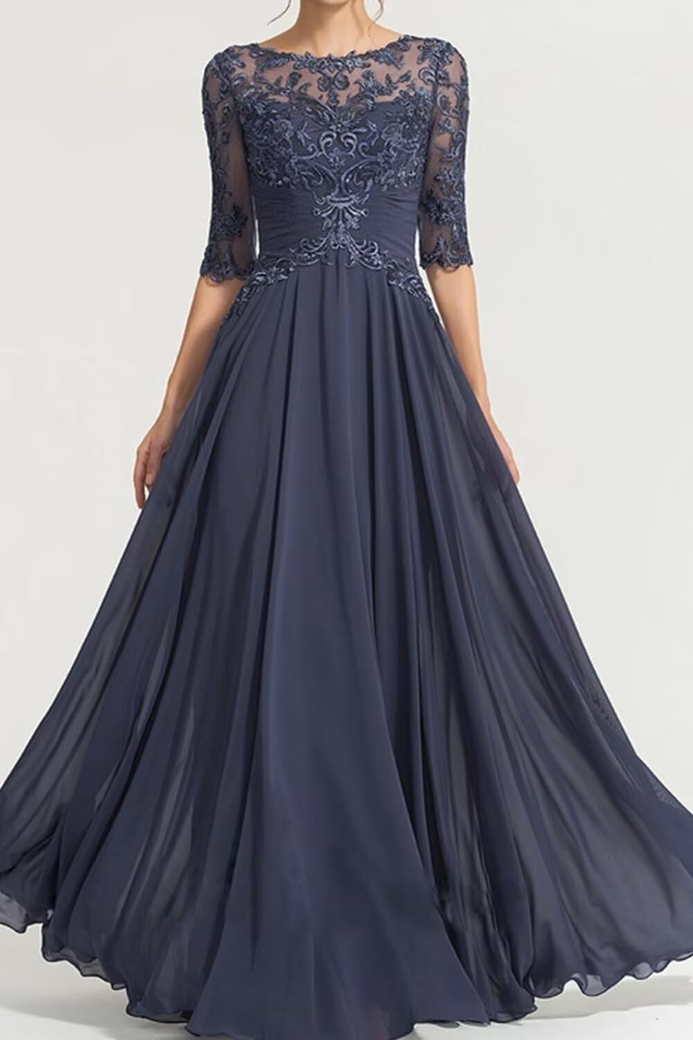 Lace Crew Neck Mother of The Bride Dress with Sleeves A Line Long Chiffon Wedding Guest Gowns with Appliques