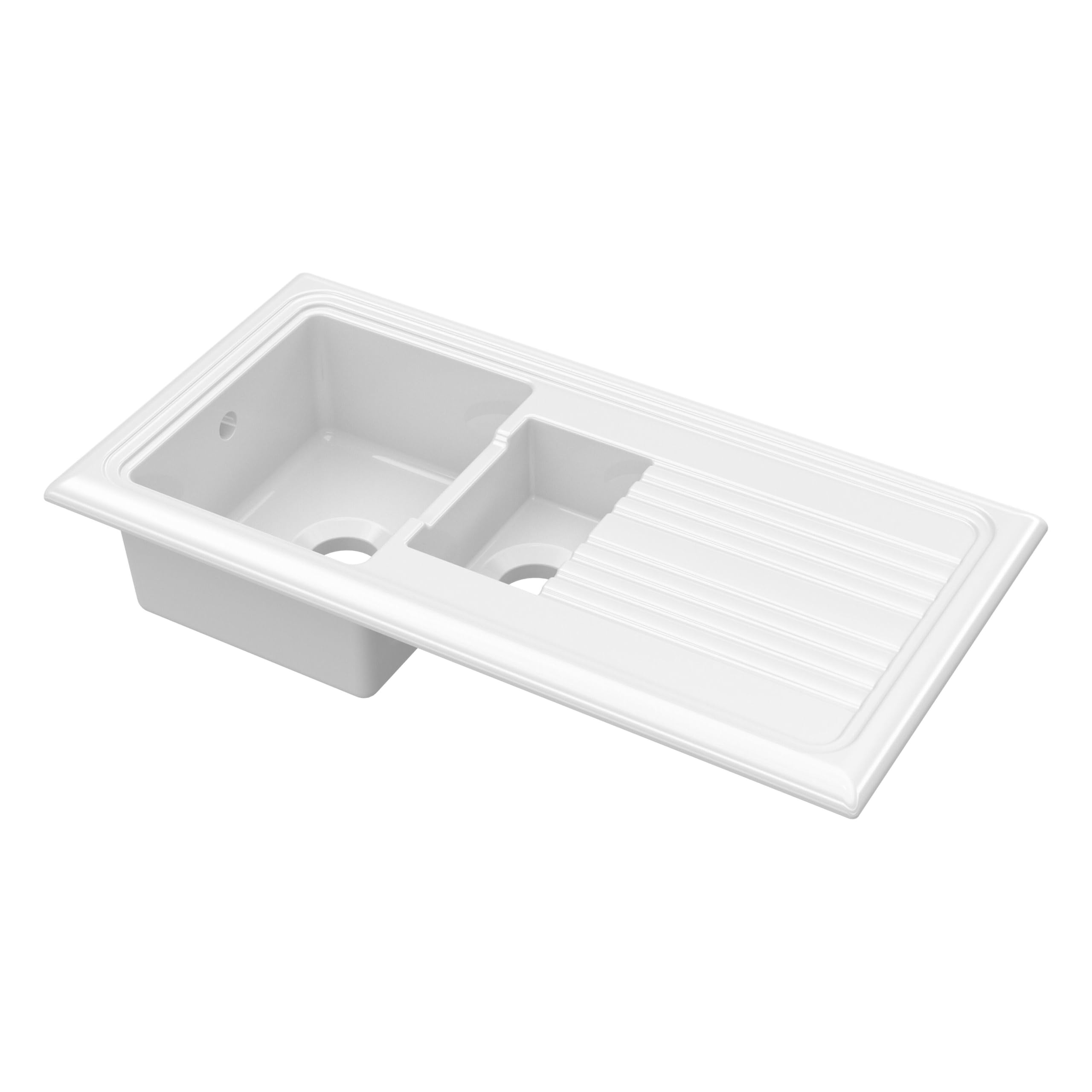 Balterley Ceramic Kitchen Sink with Drainer & Overflow Hole, 101cm Bowl Inset Fireclay White Kitchen Sink, 1.5 Double Bowl Reversible Sinks with Grooved Drainer - 1010 x 525 x 235mm (White)
