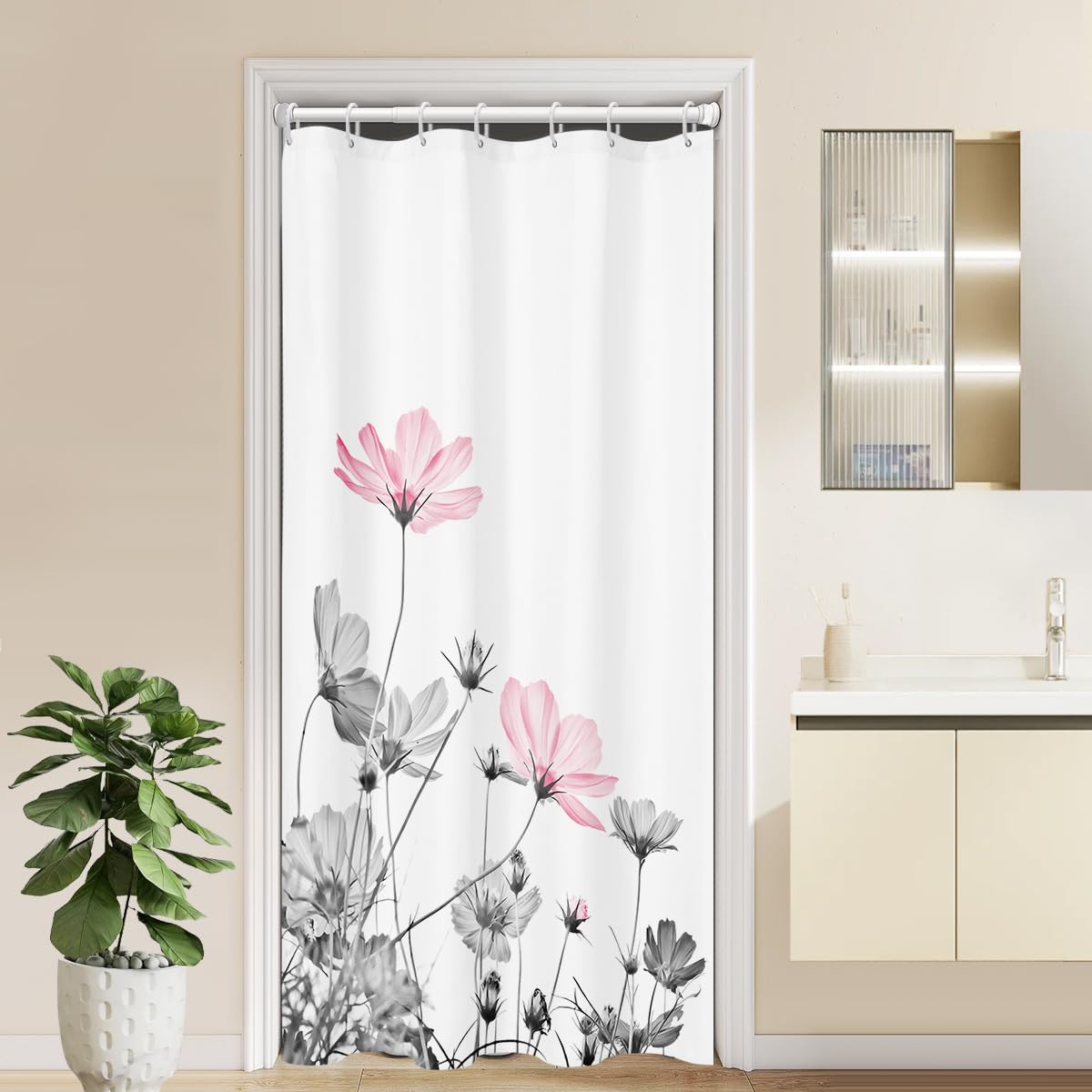 Kikiry Stall Shower Curtain Half 36''W x 72''L Pink Gray White Grey Flowers Wildflower Daisy Floral Stand up Botanical Simple Mini Small Bathroom