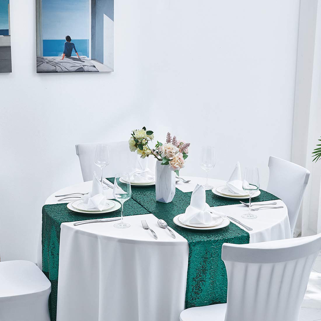 Pufogu Runner Da Tavola Con Paillettes, 30,5 X 274,3 Cm, Colore Bianco, Per Decorazioni Di Matrimoni, Feste Di Compleanno E Addio Al Nubilato (2 Pezzi)