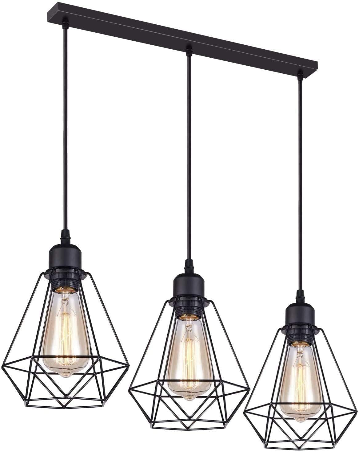 LEDSone Light Cage Black 3-Way 50cm Ceiling E27 Pendant Light Metal Diamond Design Creative Modern Socket 95cm Adjustable Cables Ceiling Rose Ideal for Living Room Kitchen Bar.