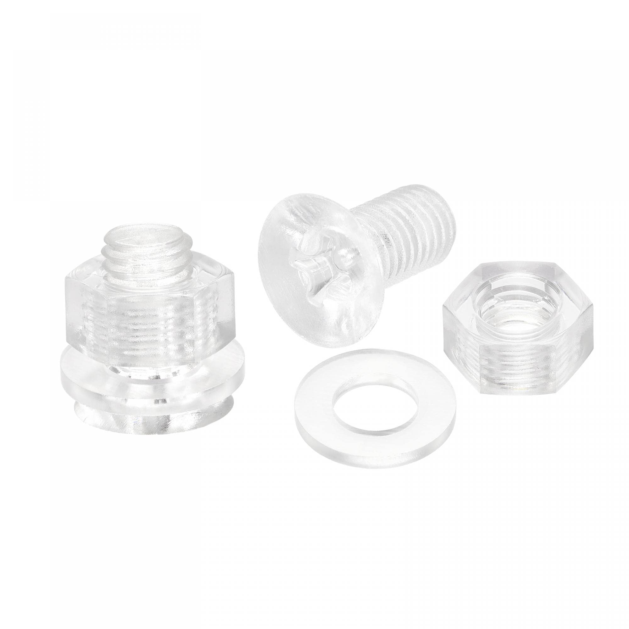 sourcing map M10 x 20mm Plastic Phillips Machine Screws with Nuts and Flat Washers, PC Flat Head Machine Bolts Transparent 20 Sets