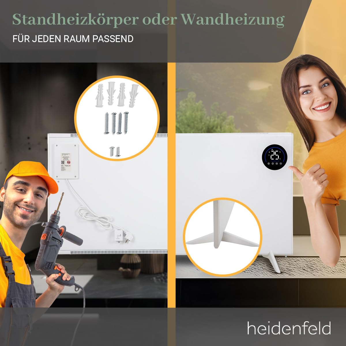 Heidenfeld Infrarotheizung & Konvektor HF-HP150 | 1000 Watt bis 25 m² | Hybrid Heizung | Steuerung via App | Fernbedienung | Touch-Bedienfeld | Infrarot Heizkörper mit Thermostat (HF-HP150 1000 Watt)