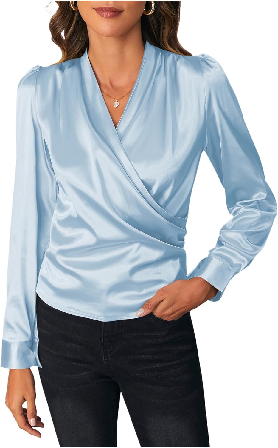 SOLY HUX Women's Satin Silk Blouses Wrap V Neck Puff Long Sleeve Shirts Casual Office Work Tops
