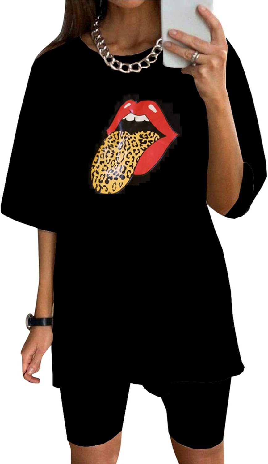 Glamaker Women 2 Piece Outfit Sets Casual Oversized T-Shirt Tops Biker Shorts Workout Sport s Tracksuit : Sports & Outdoors