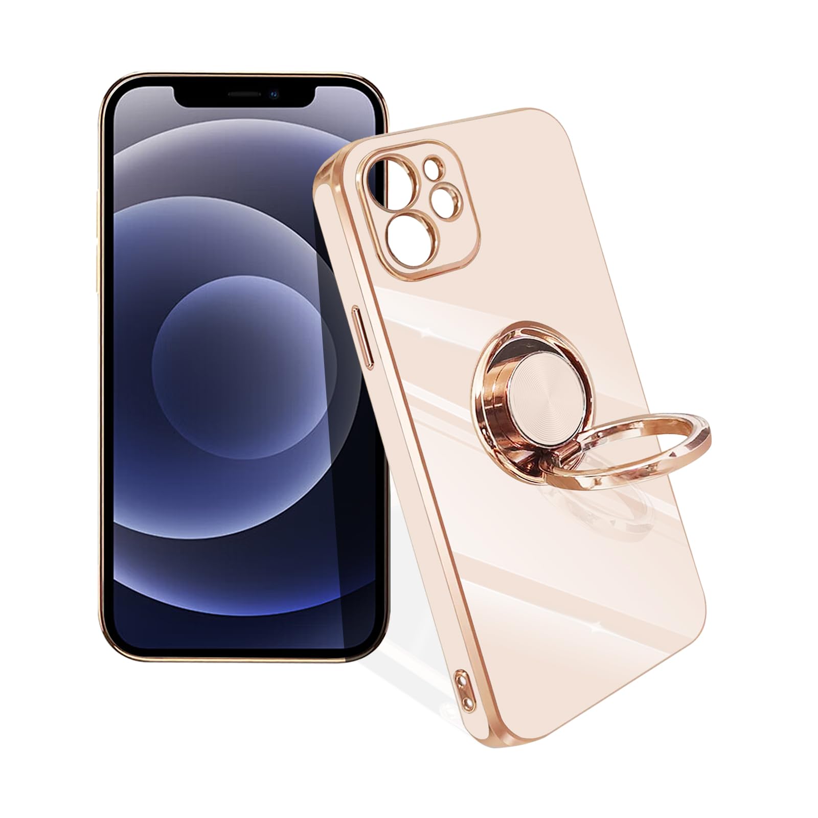 Tvoasovy for iPhone 12 に適合する ケース リング付き 耐衝撃 リング カバー スタンド機能 360°回転 車載ホルダー対応 ストラップホール付き 落下防止 擦り傷防止 軽量 一体型(ピンク)