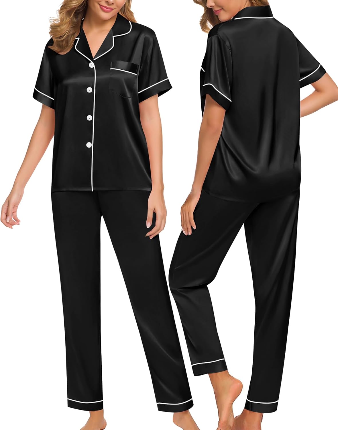 SWOMOG Women Satin Pajamas Set Short Sleeve Top & Pants Sleepwear Silky Button Down Nightwear 2pcs Loungewear Pjs Set
