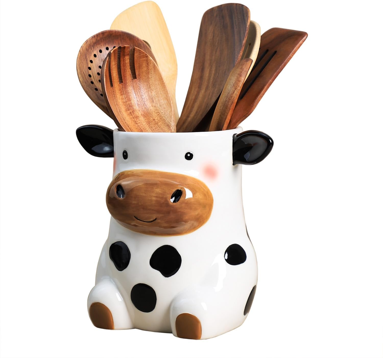 SOCOSY Ceramic Cartoon Cow Kitchen Utensil Holder For Countertop Large Cooking Utensil Crock Holder Spatula Holder, Kitchen Accessories Decoration-Cow A