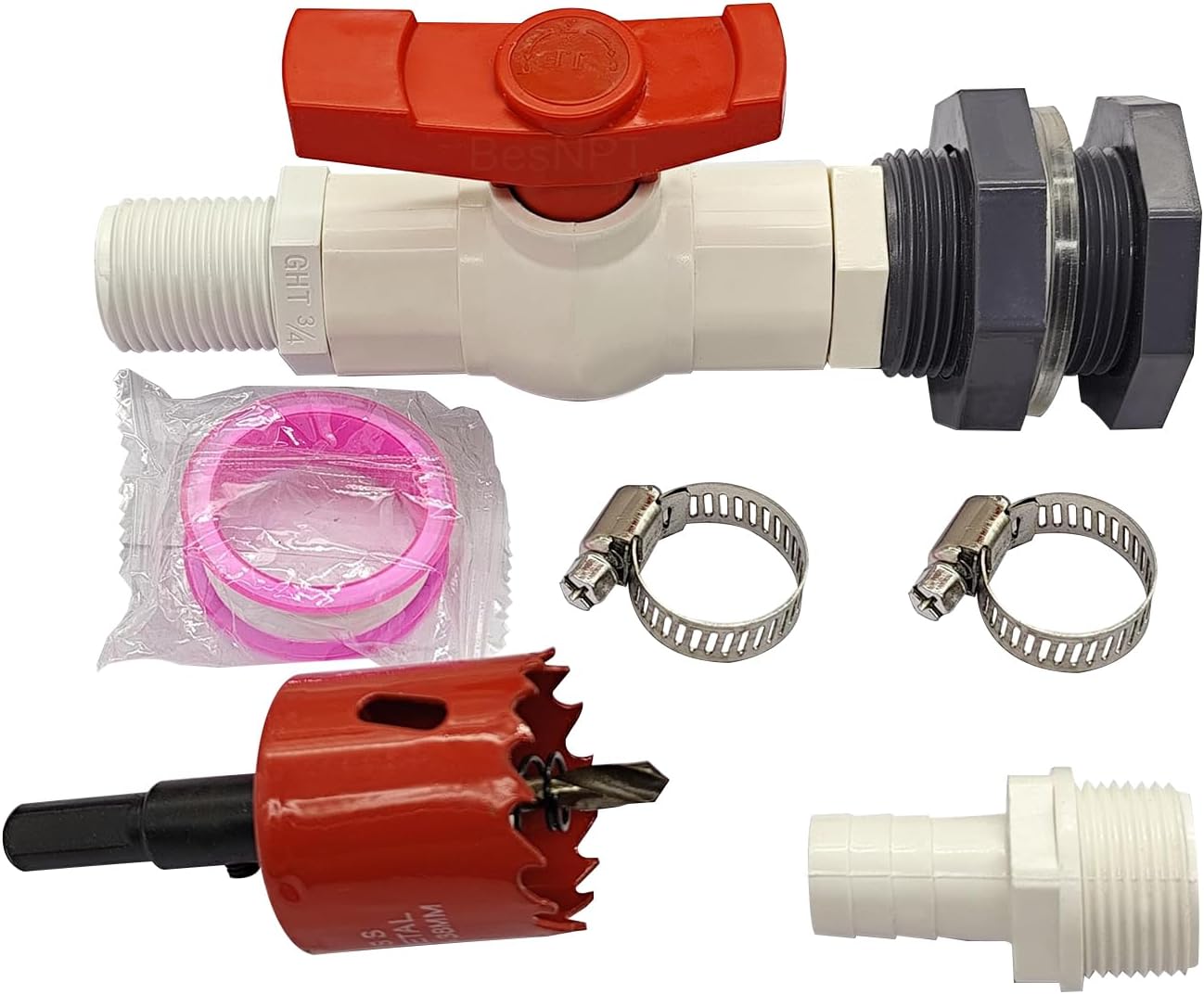 Rain Barrel Diverter Kit with PVC Bulkhead Fitting Ball Valve Thread Seal Tape and Garden Hose Male Threaded Adapter (3/4" Male), fits 1-3/8 and 1-1/2 ID Hole
