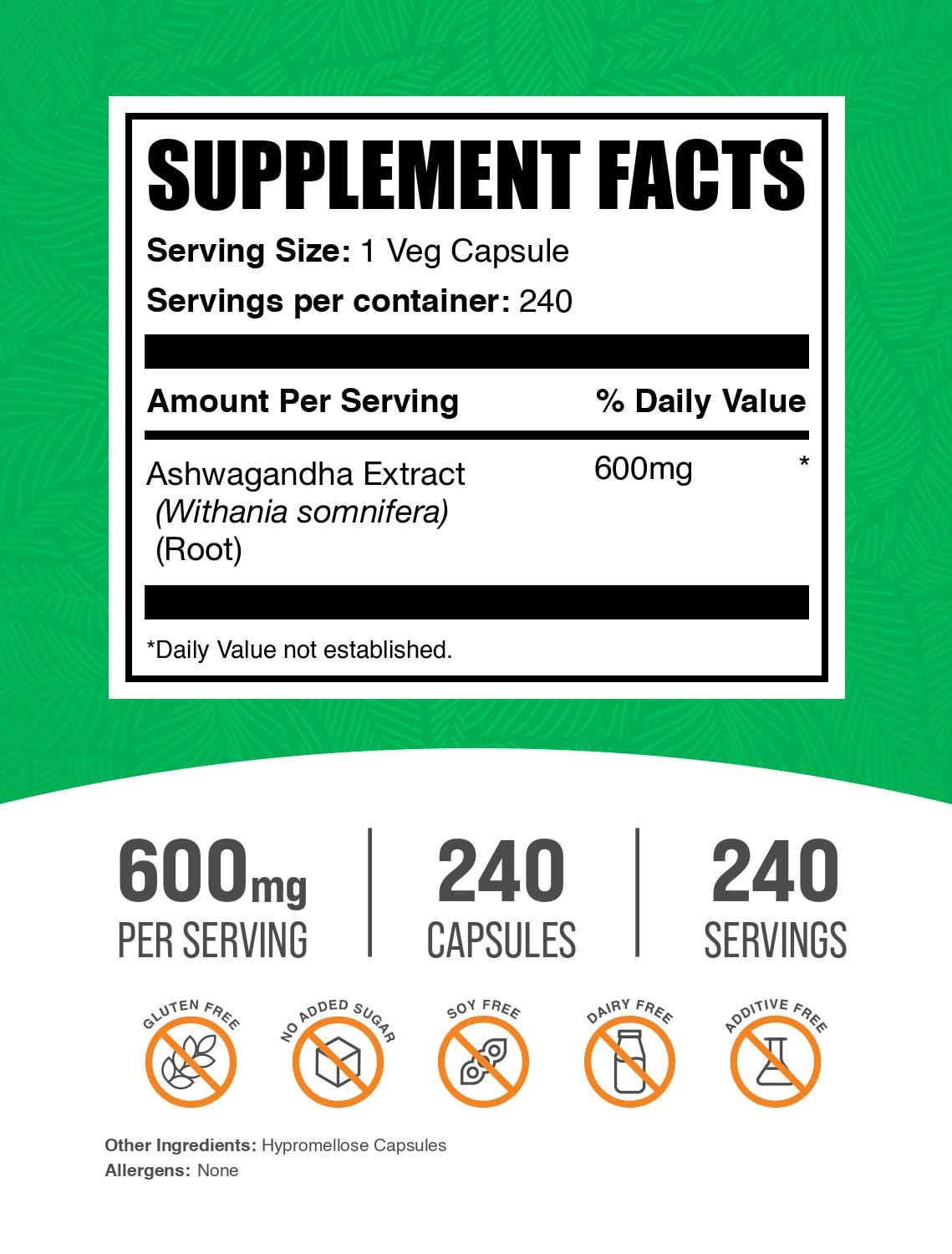 BulkSupplements.com Ashwagandha Extract Capsules - Ashwagandha Extract, Herbal Supplement - Vegan & Gluten Free, 1 Capsule per Serving, 240 Count (Pack of 1) — Amazon image 2