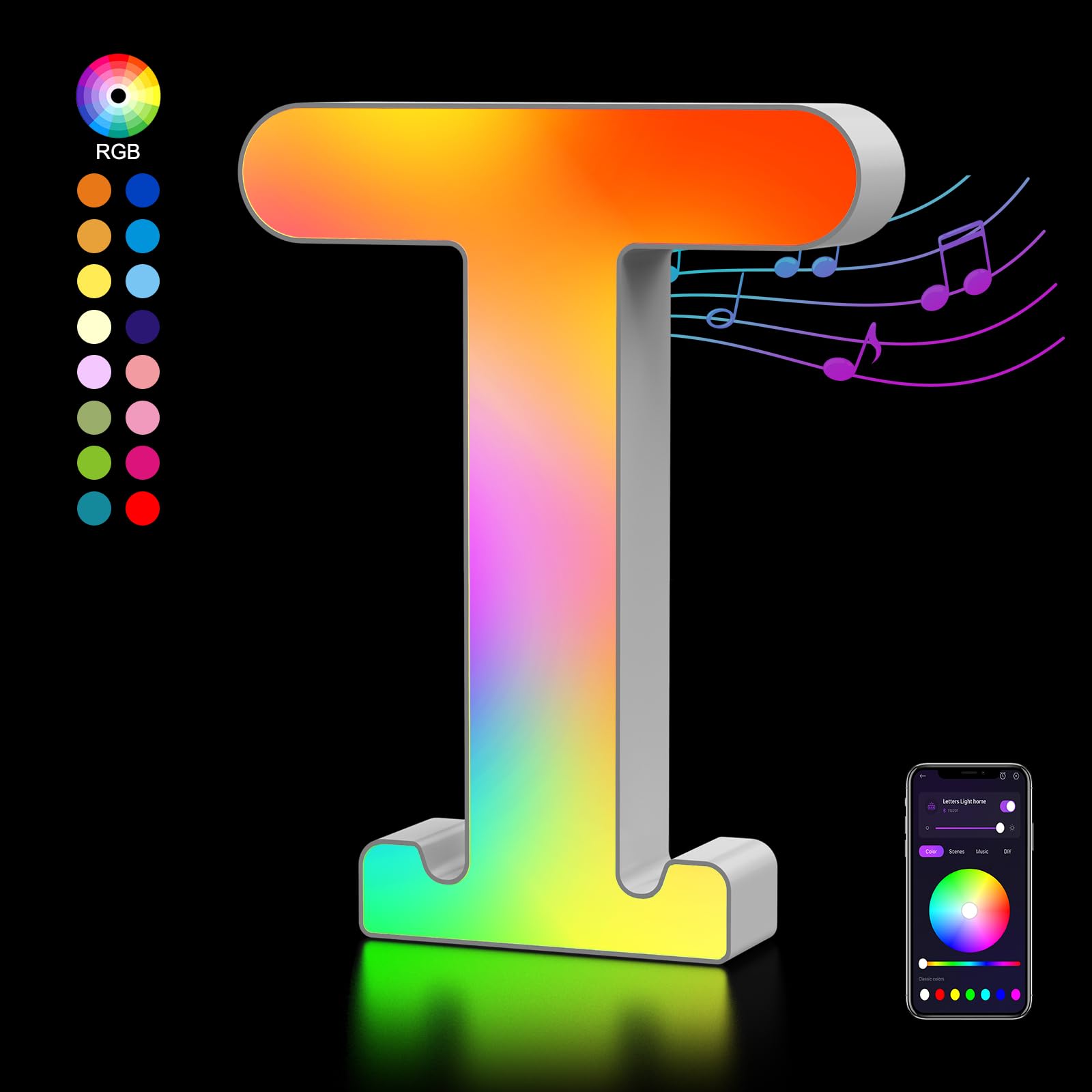 Light Up Letters USB Powered, LED Letter Lights Color Changing Alphabet Sign Gifts for Girls Women Party Birthday Decorations, APP Control, Night Light Christmas Valentine Wall Table Decor - T [Energy Class F]