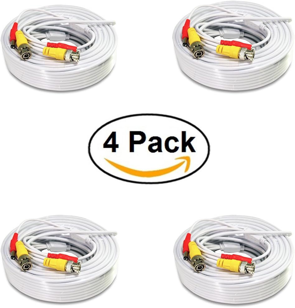 Pack of 4X 100ft White Premade BNC Video Power Cable/Wire for Security Camera, CCTV, DVR, Surveillance System, Plug & Play (White, 100ft)