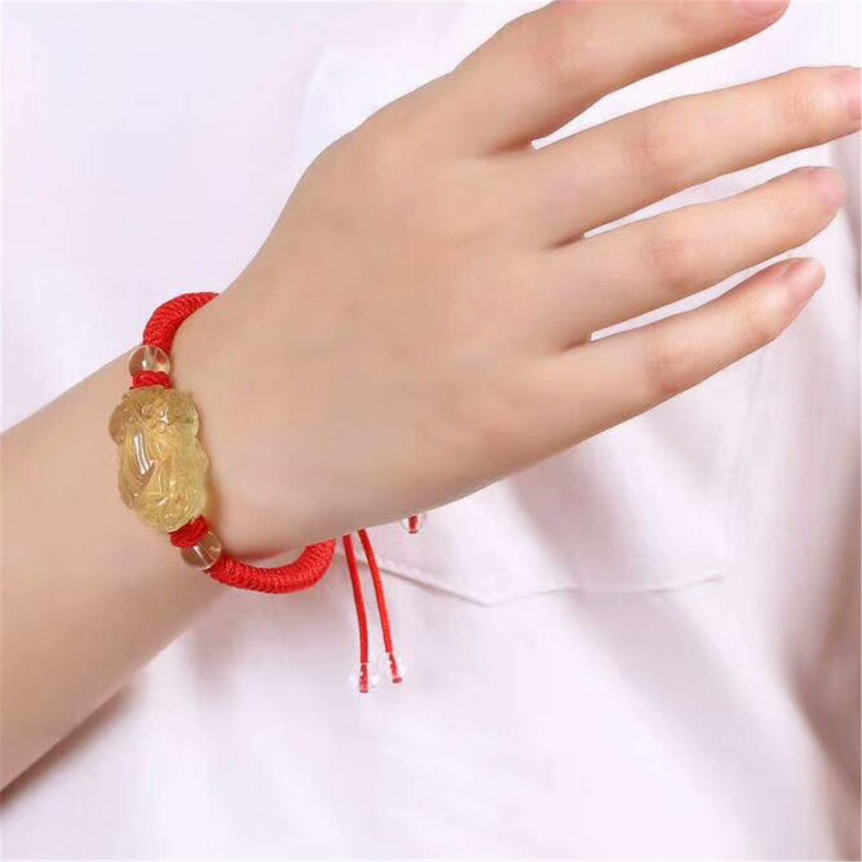 Pulsera de la Suerte, Pulsera Feng Shui, Cristal Citrino, Hilo Rojo, Amuleto Pi Yao, Ajustable, Hecho a Mano, talismán Budista para Riqueza y Buena Suerte.