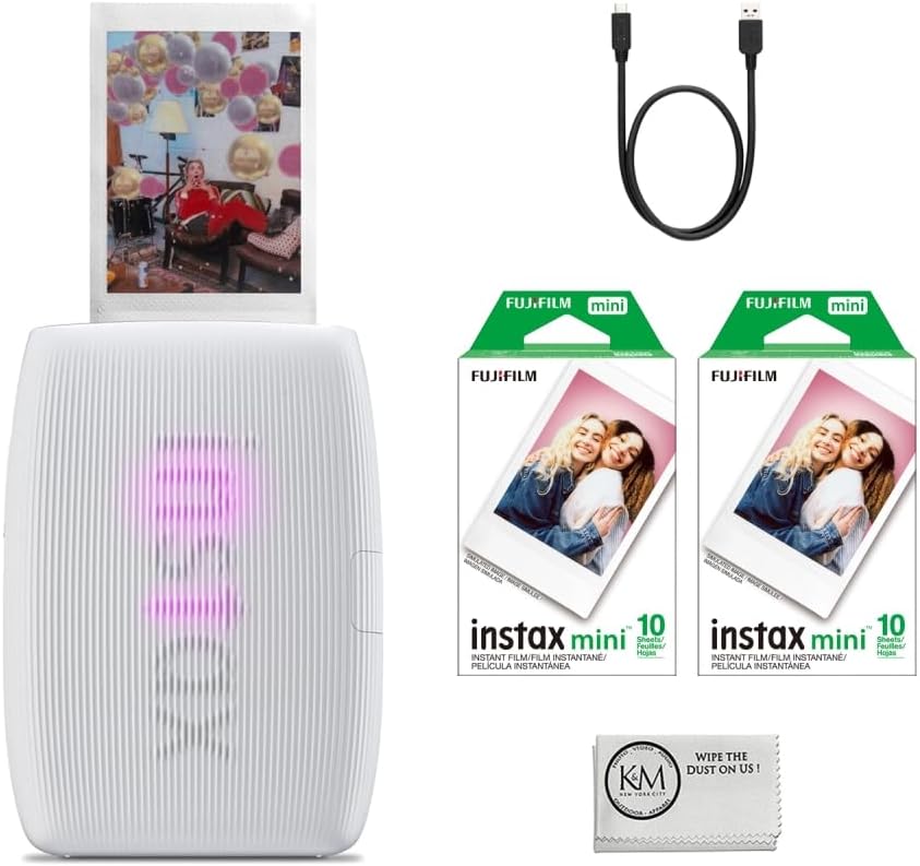 INSTAX Mini Link 3 Smartphone Printer | Clay White Bundled INSTAX Mini Instant Film | 20 Exposures + Microfiber Cleaning Cloth (3 Items)