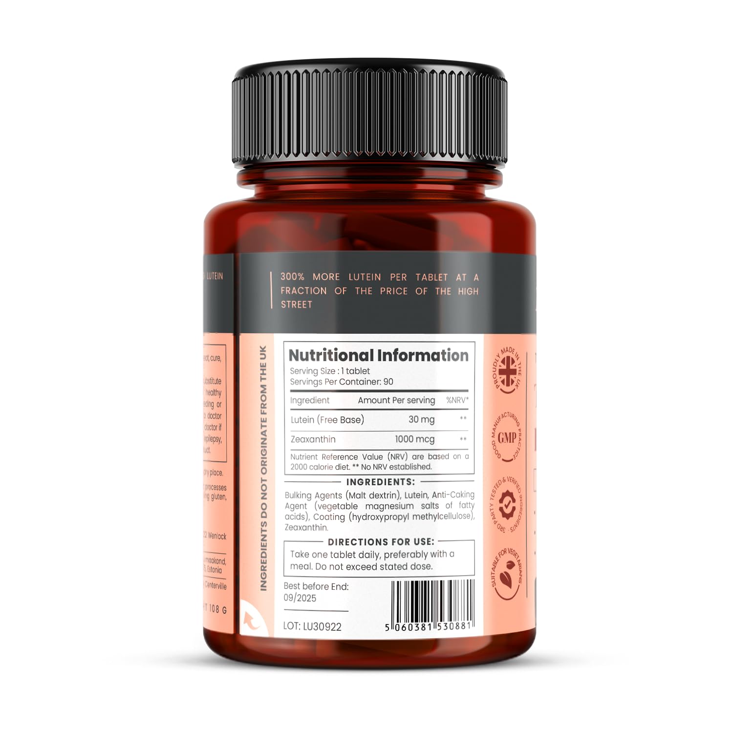 Triple Force Lutéine 30 mg x 90 comprimés. Avec 1000 mcg de Zéaxanthine - Fourniture de 3 mois.