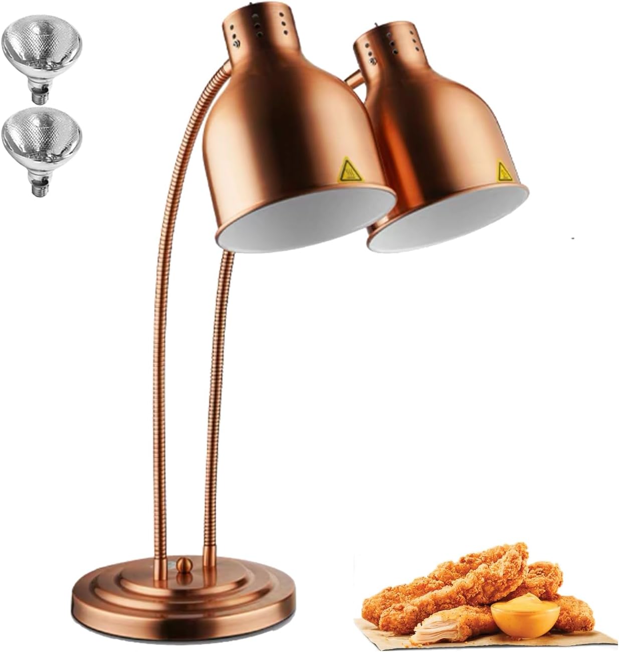 Dual Heads Food Heat Lamp with 500w Bulb Food Warmer Infrared Heating Lamp Countertop Restaurant Kitchen (Double Head(Copper))