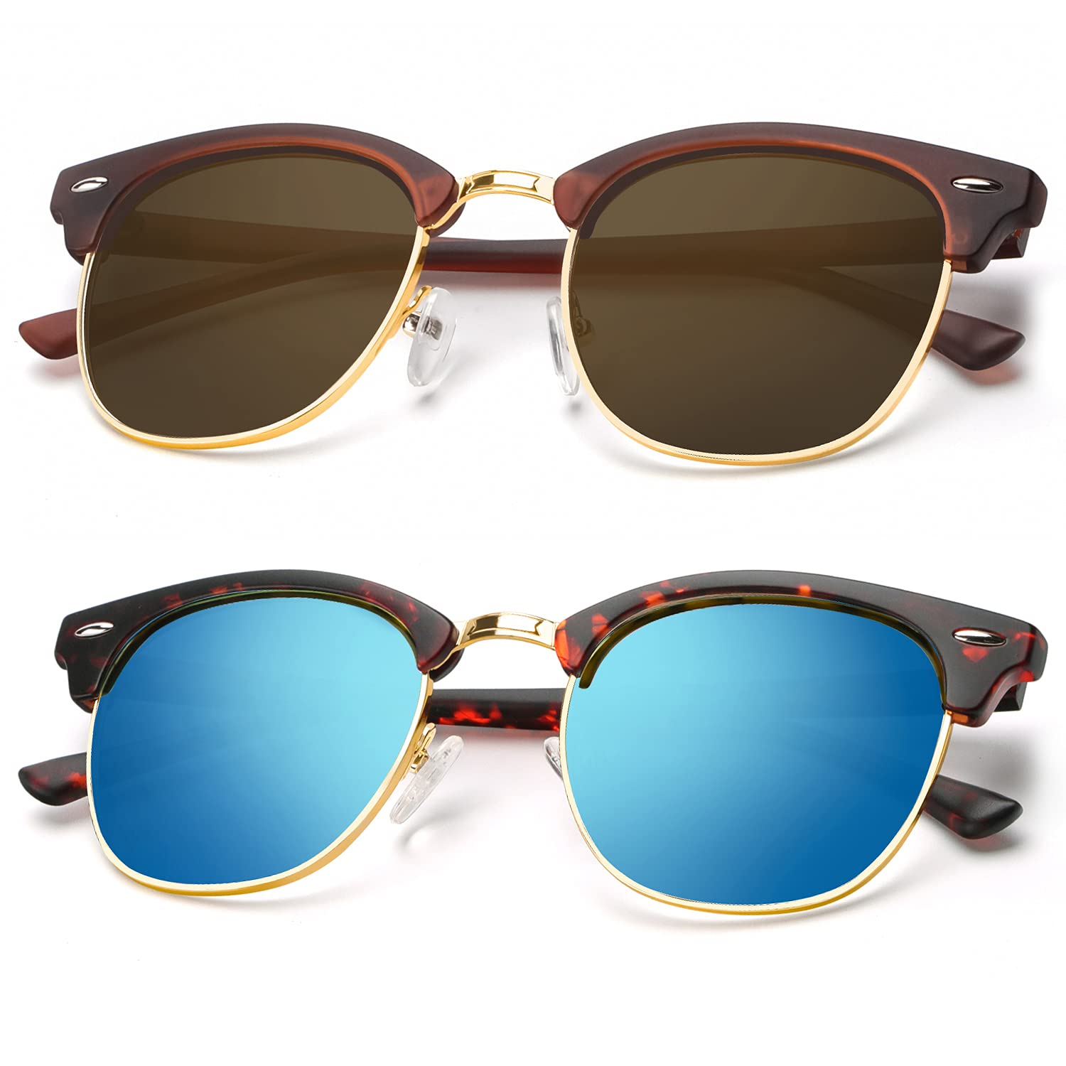 KALIYADI Polarized Sunglasses for Men and Women Semi-Rimless Frame Driving Sun glasses UV Blocking A13-(2 Pack) Matte Tortoise | Blue | Golden Rim / Matte Brown | Brown | Golden Rim Multicoloured