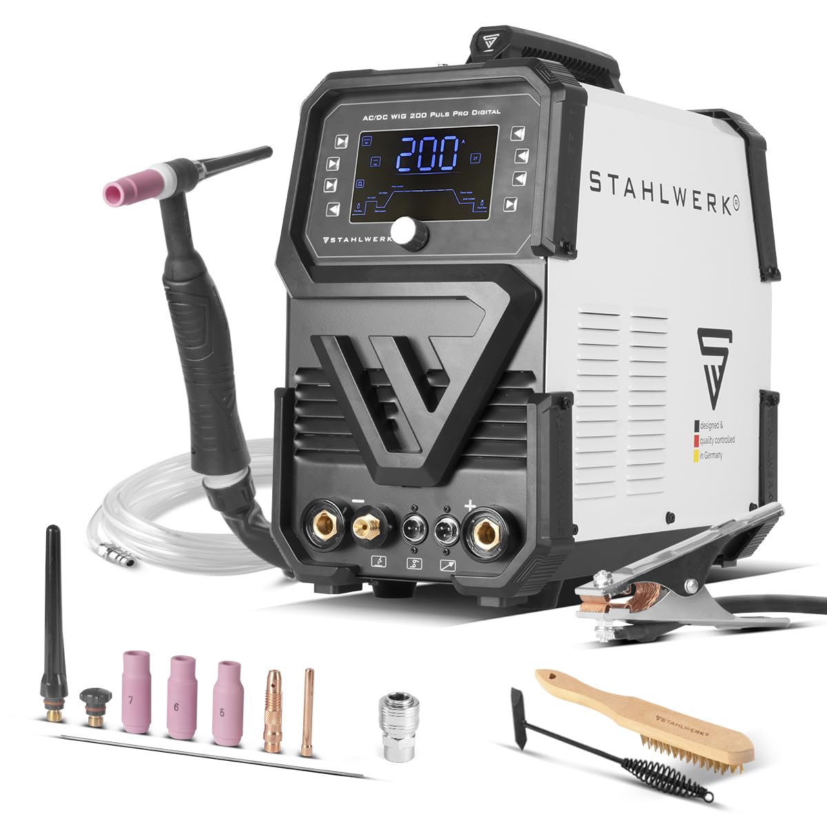 STAHLWERK AC/DC TIG 200 Puls Pro Digital Welder – Inverter Combined with 200 A, MMA Function (Electrode/ARC), Pulse and Spot Function, Hotstart, Anti-Stick, IGBT for Aluminium and Thin Sheet Metal