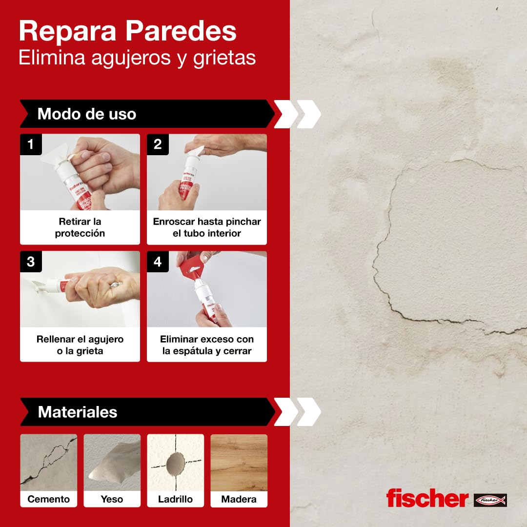 fischer - Masilla Adhesiva Repara Paredes, Compatible con Placas de Yeso PLADUR®, Cemento, Hormigón o Mamposteria | Para Tapar Agujeros Pared, Reparador de Pared | Incluye Espátula (75 ml)