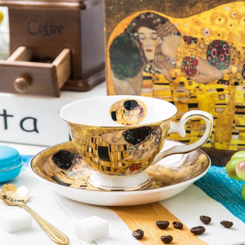 SISWIM Keramikbecher Klimt Classic Design Kaffeetasse und Tee Saucer Keramik & Bone China Kaffeetasse Keramik Set Smart Mug