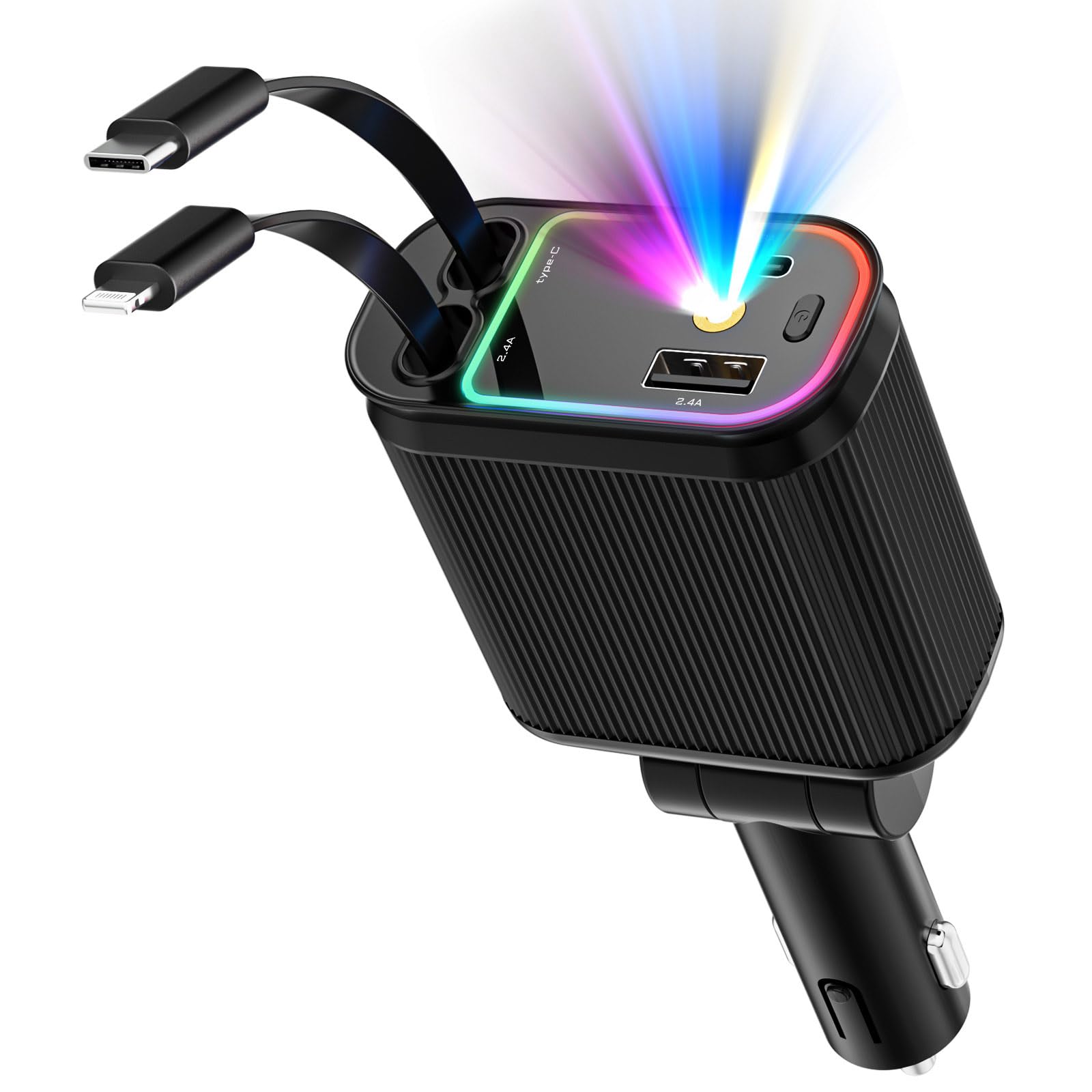 Car Charger with Starlight, 66W USB C Fast Car Charger Adapter, 4 in 1 Retractable Car Chargers with 2 USB Ports for iPhone 15/14/13/12/11 and for Android (Dark Black)