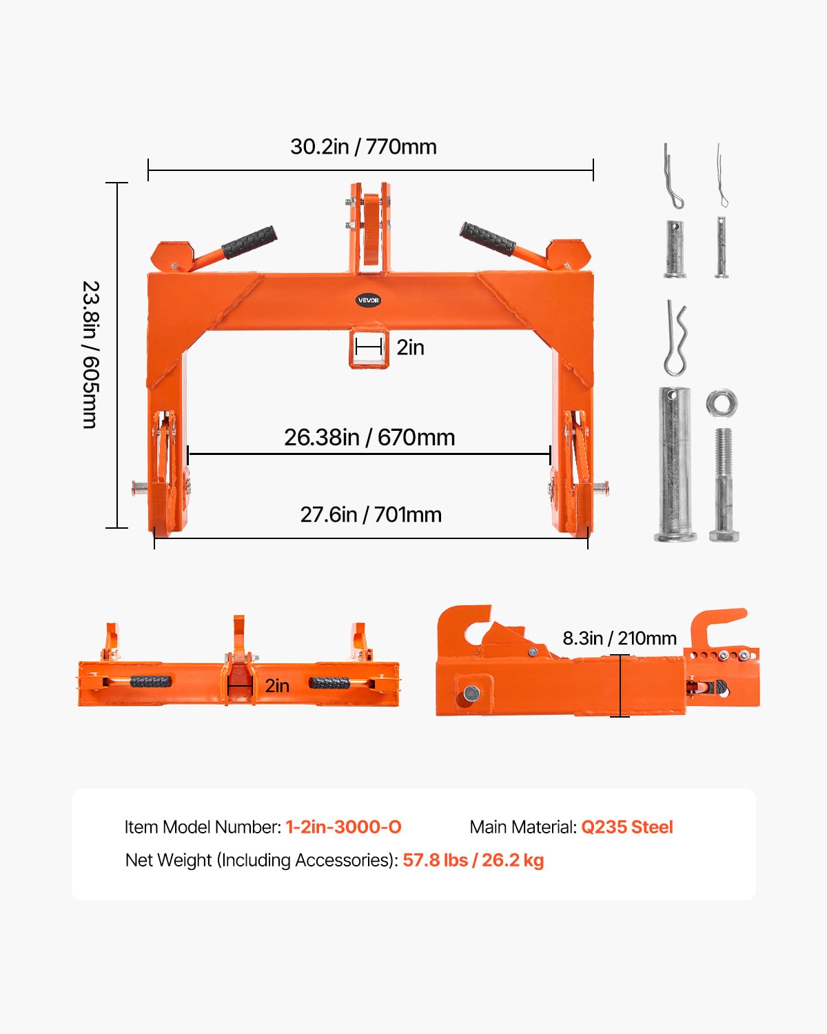 VEVOR Enganche Rápido de 3 Puntos para Tractores de 770×210×605 mm, Carga 1367 kg, 5 Niveles de Ajuste, Aluminio Reforzado, Adaptador de 3 Puntos para Tractores de Categoría 1 y 2, Equipos Agrícolas